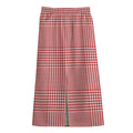 Red And White Glen Plaid Print Cotton Front Slit Maxi Skirt