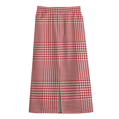 Red And White Glen Plaid Print Cotton Front Slit Maxi Skirt