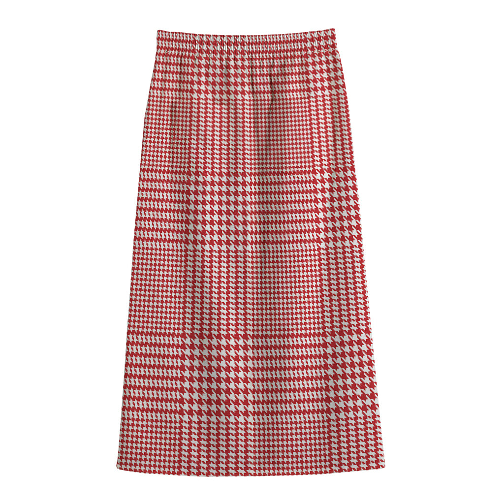 Red And White Glen Plaid Print Cotton Front Slit Maxi Skirt