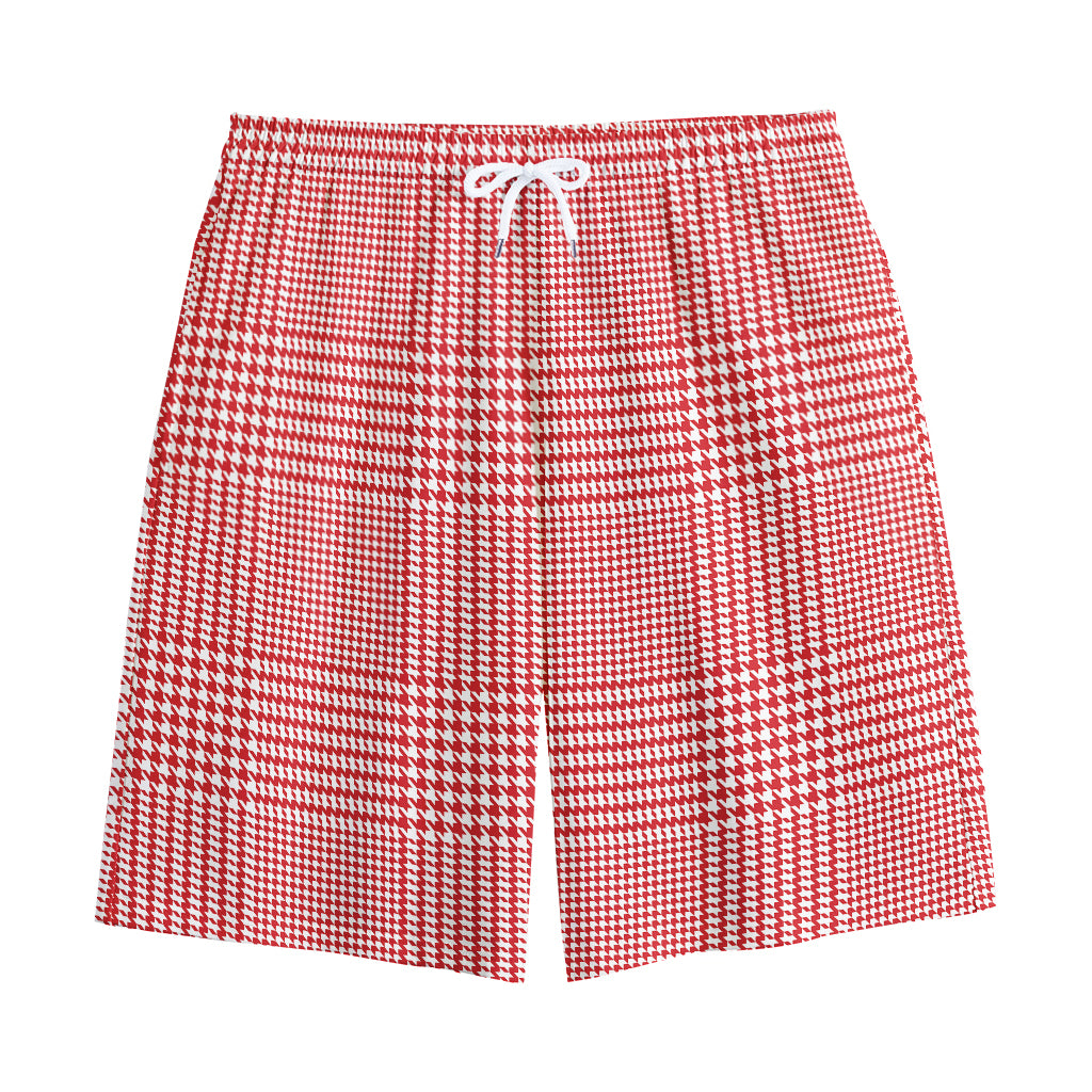 Red And White Glen Plaid Print Cotton Shorts