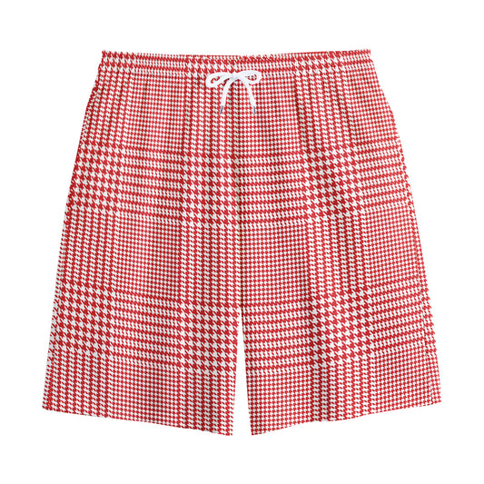 Red And White Glen Plaid Print Cotton Shorts