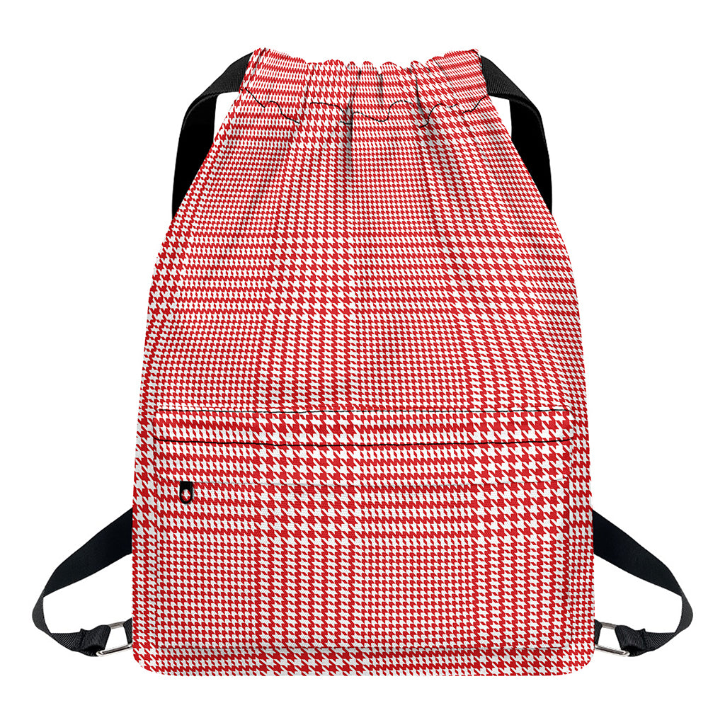 Red And White Glen Plaid Print Drawstring Backpack