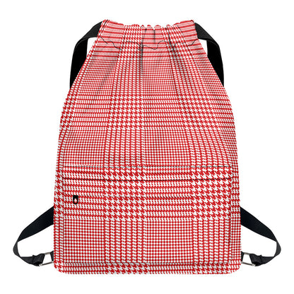 Red And White Glen Plaid Print Drawstring Backpack