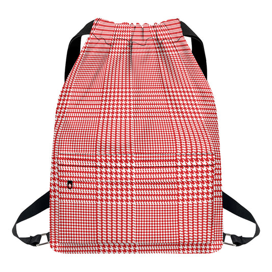 Red And White Glen Plaid Print Drawstring Backpack