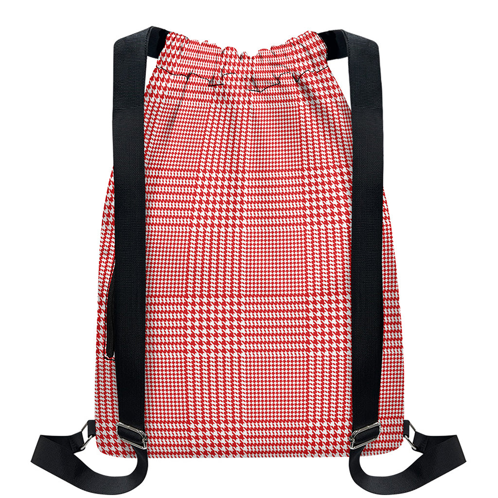 Red And White Glen Plaid Print Drawstring Backpack