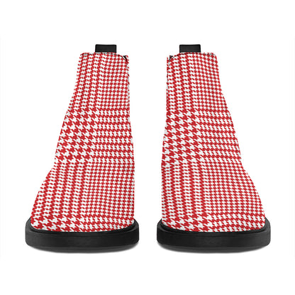 Red And White Glen Plaid Print Flat Ankle Boots