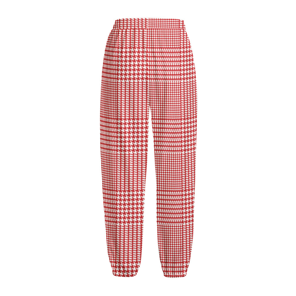 Red And White Glen Plaid Print Fleece Lined Knit Pants