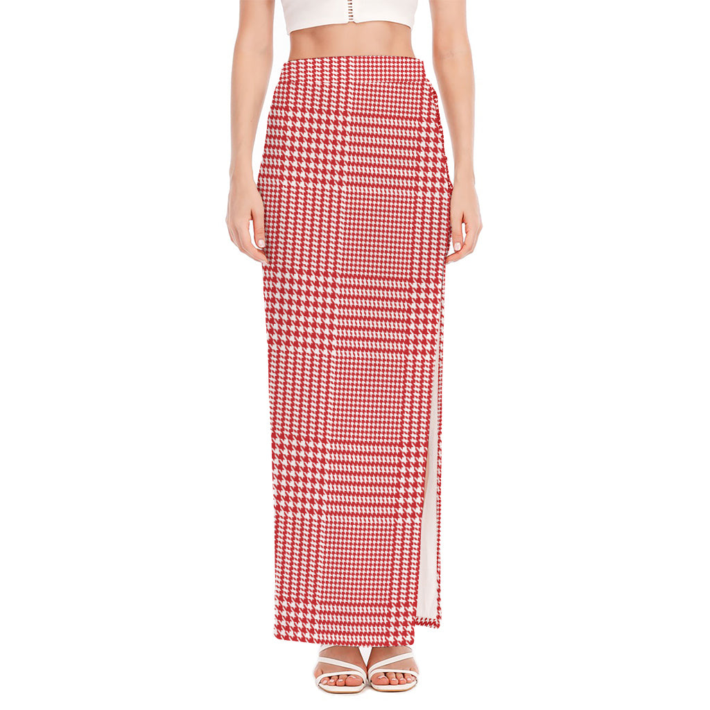 Red And White Glen Plaid Print High Slit Maxi Skirt