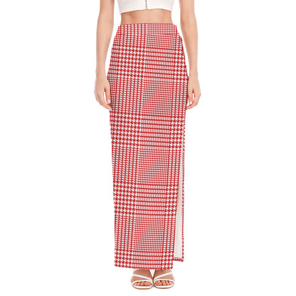 Red And White Glen Plaid Print High Slit Maxi Skirt