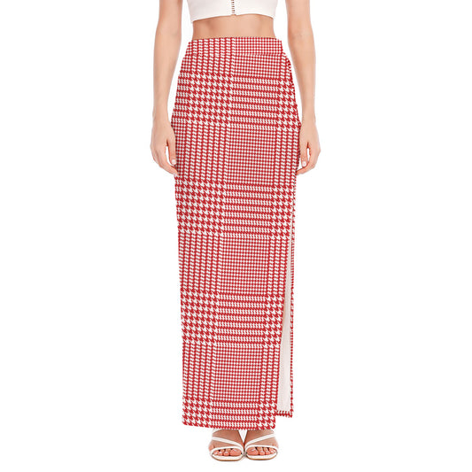Red And White Glen Plaid Print High Slit Maxi Skirt