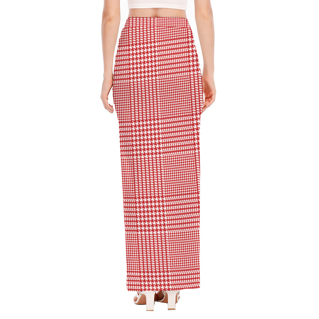 Red And White Glen Plaid Print High Slit Maxi Skirt