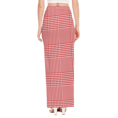 Red And White Glen Plaid Print High Slit Maxi Skirt
