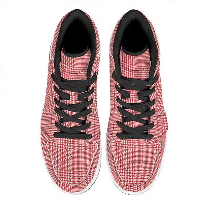 Red And White Glen Plaid Print High Top Leather Sneakers
