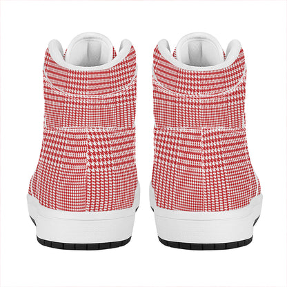 Red And White Glen Plaid Print High Top Leather Sneakers