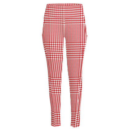 Red And White Glen Plaid Print High-Waisted Pocket Leggings