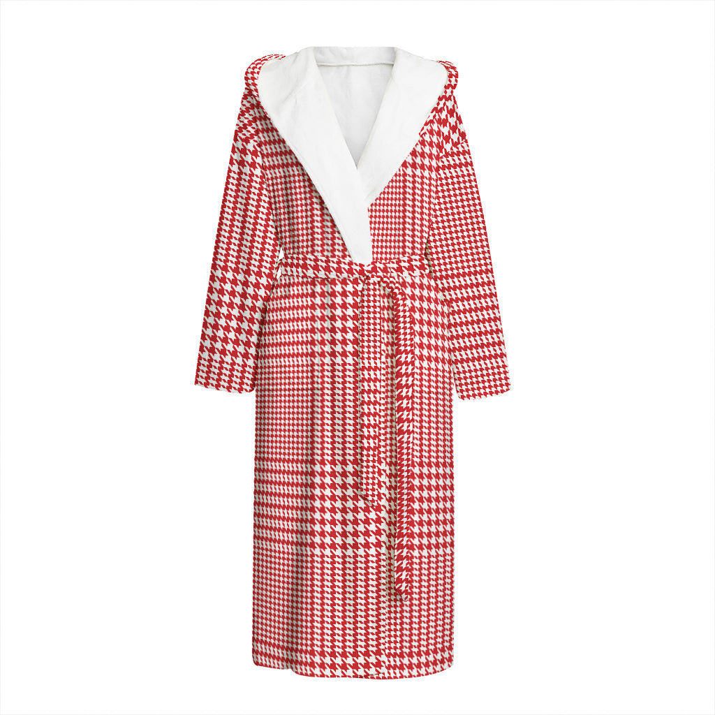 Red And White Glen Plaid Print Hooded Bathrobe