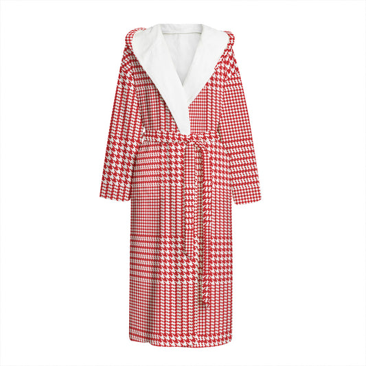 Red And White Glen Plaid Print Hooded Bathrobe