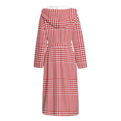 Red And White Glen Plaid Print Hooded Bathrobe