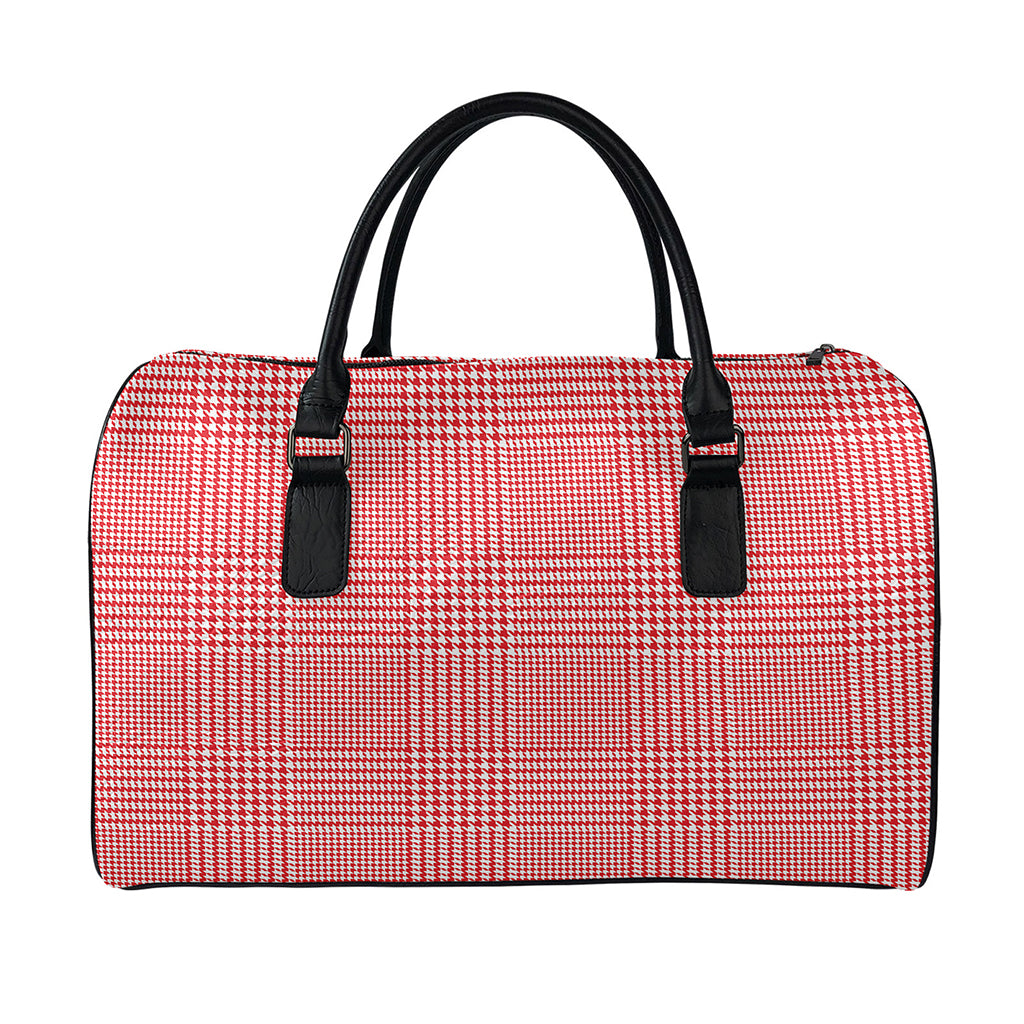 Red And White Glen Plaid Print Leather Duffle Bag