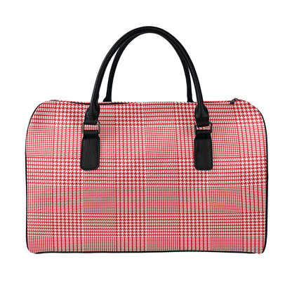 Red And White Glen Plaid Print Leather Duffle Bag