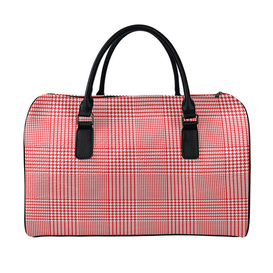 Red And White Glen Plaid Print Leather Duffle Bag