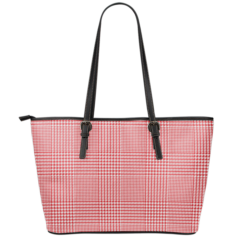 Red And White Glen Plaid Print Leather Tote Bag