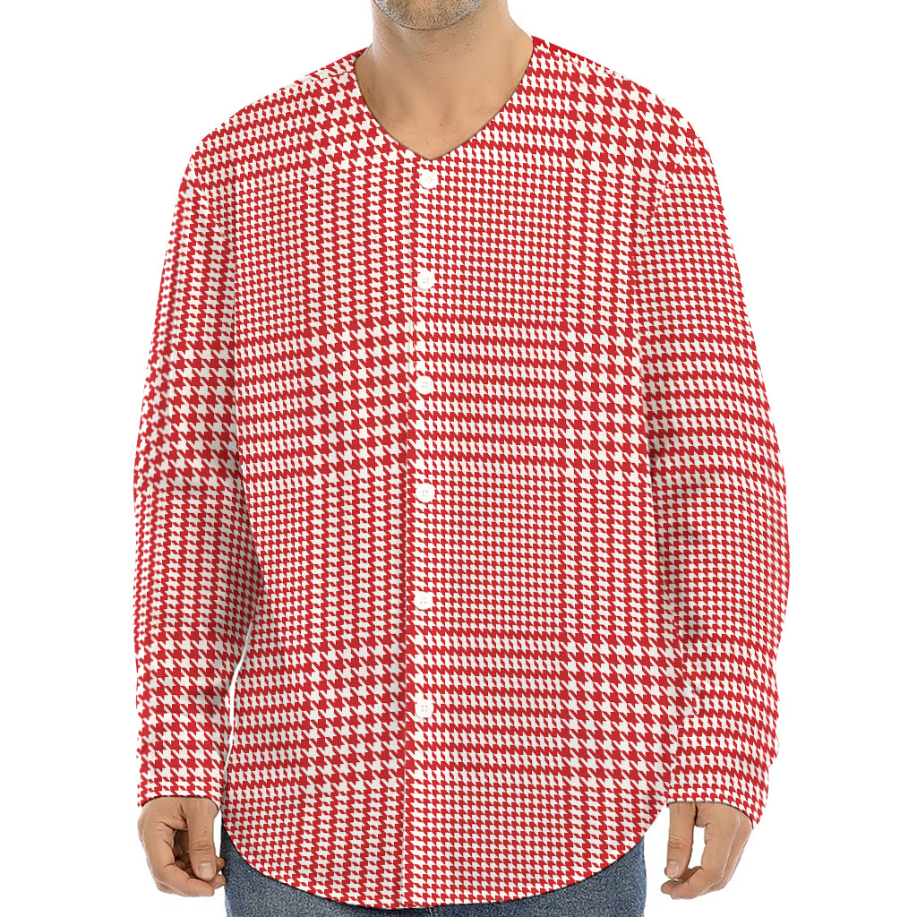 Red And White Glen Plaid Print Long Sleeve Baseball Jersey