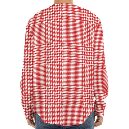 Red And White Glen Plaid Print Long Sleeve Baseball Jersey