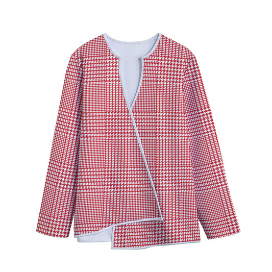 Red And White Glen Plaid Print Long Sleeve Short Coat