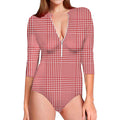 Red And White Glen Plaid Print Long Sleeve Swimsuit