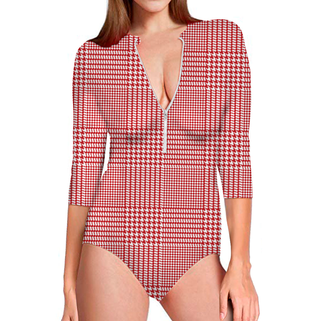 Red And White Glen Plaid Print Long Sleeve Swimsuit