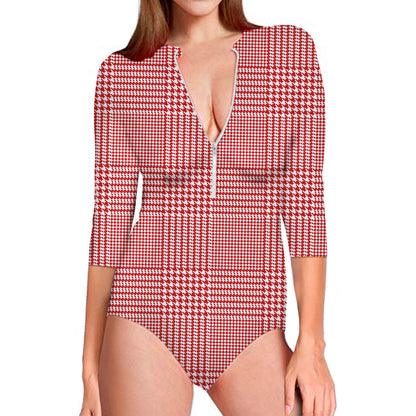 Red And White Glen Plaid Print Long Sleeve Swimsuit