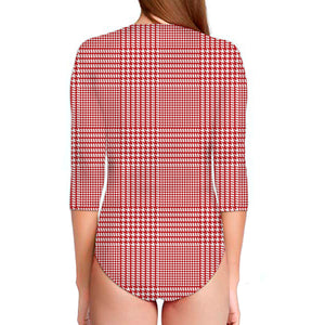 Red And White Glen Plaid Print Long Sleeve Swimsuit