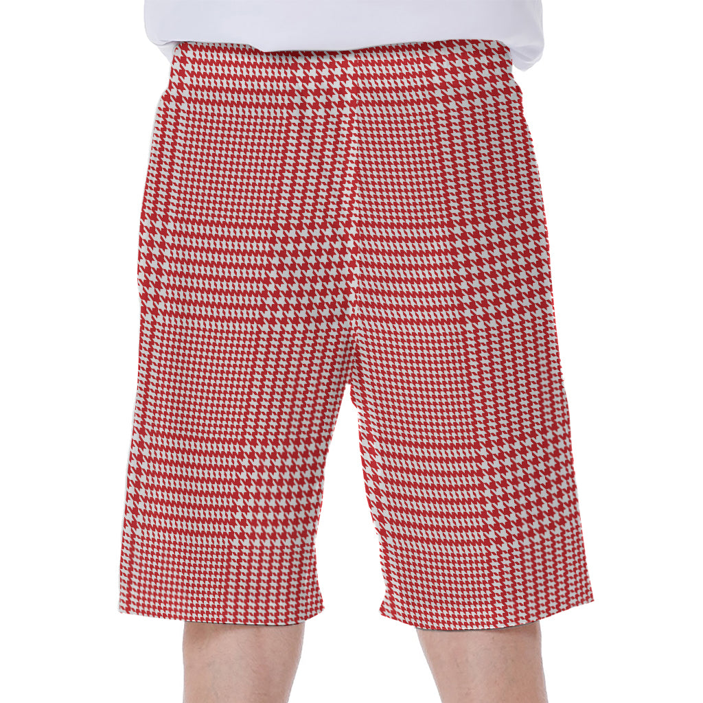 Red And White Glen Plaid Print Men's Beach Shorts