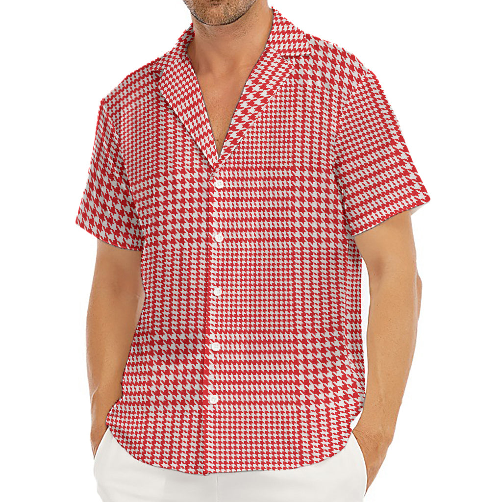 Red And White Glen Plaid Print Men's Deep V-Neck Shirt