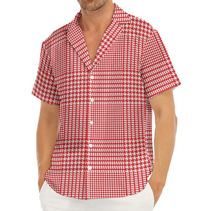 Red And White Glen Plaid Print Men's Deep V-Neck Shirt
