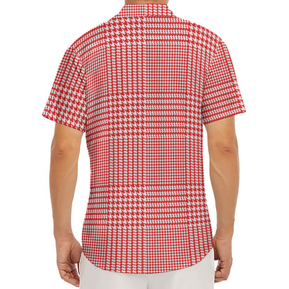 Red And White Glen Plaid Print Men's Deep V-Neck Shirt