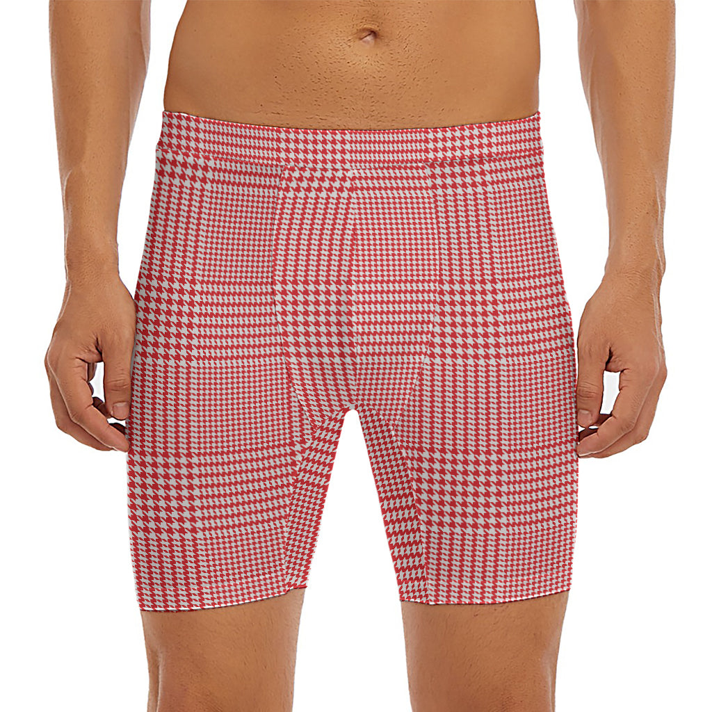 Red And White Glen Plaid Print Men's Long Boxer Briefs