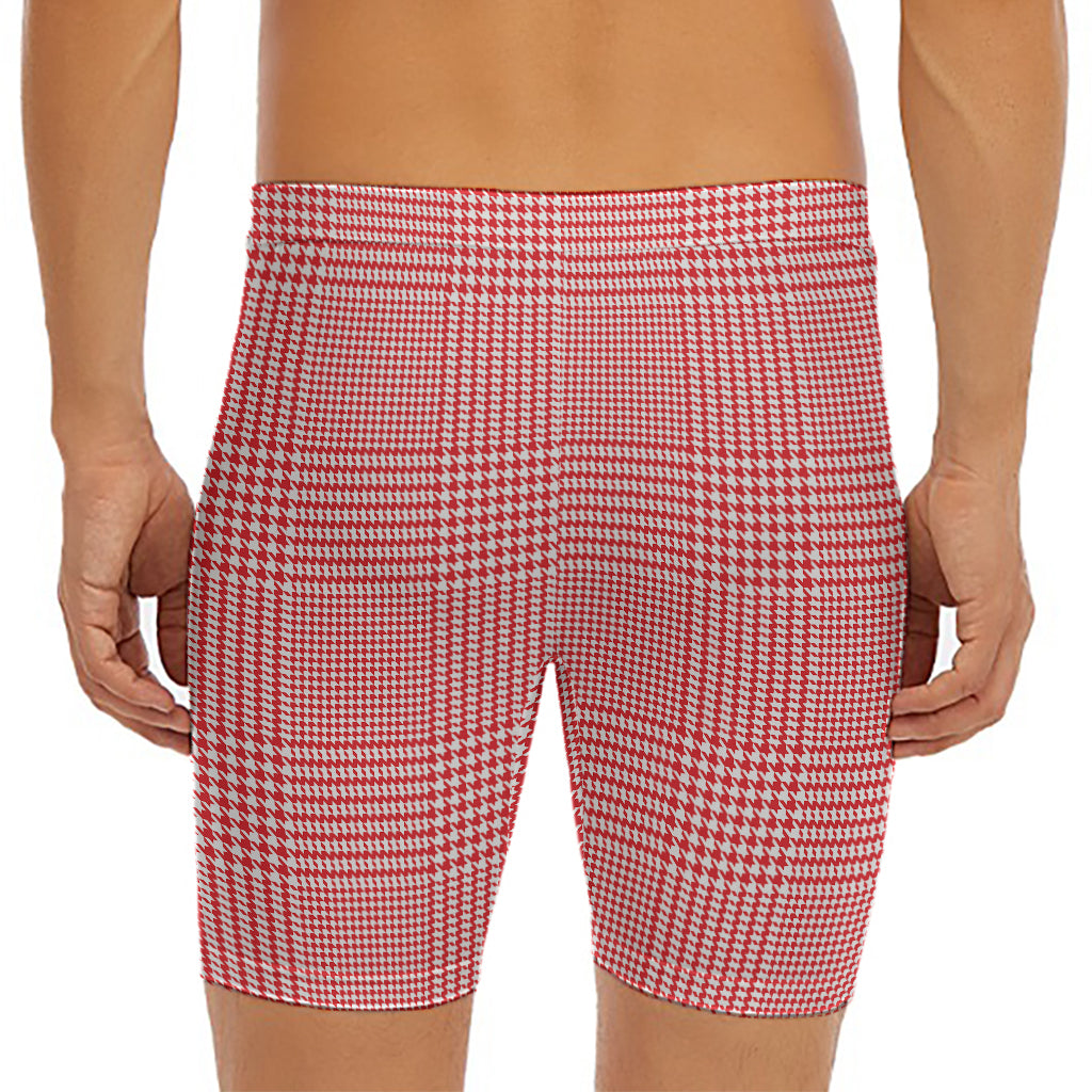 Red And White Glen Plaid Print Men's Long Boxer Briefs
