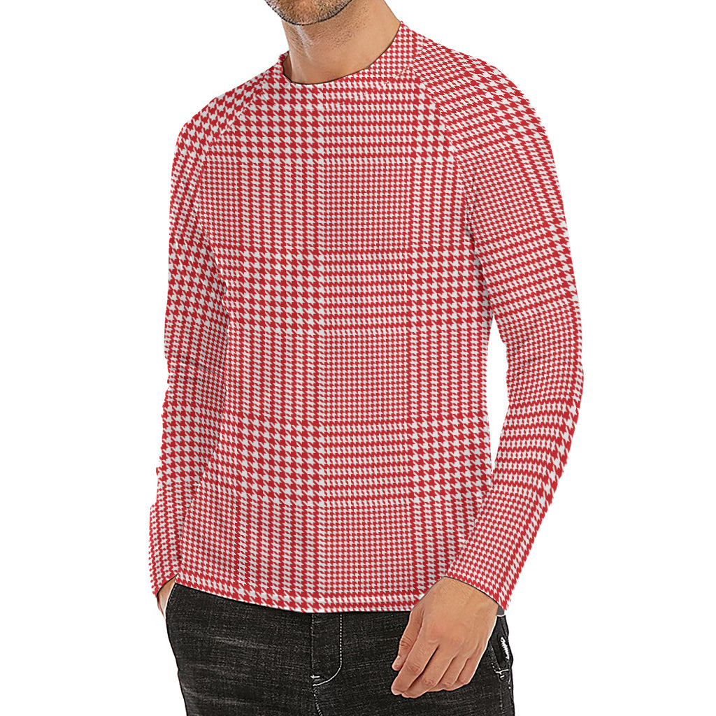 Red And White Glen Plaid Print Men's Long Sleeve Rash Guard