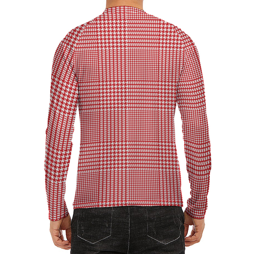 Red And White Glen Plaid Print Men's Long Sleeve Rash Guard