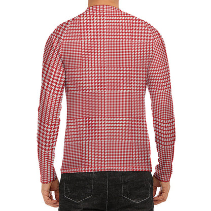 Red And White Glen Plaid Print Men's Long Sleeve Rash Guard