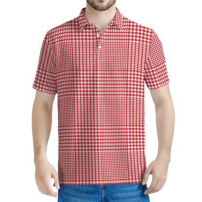 Red And White Glen Plaid Print Men's Polo Shirt