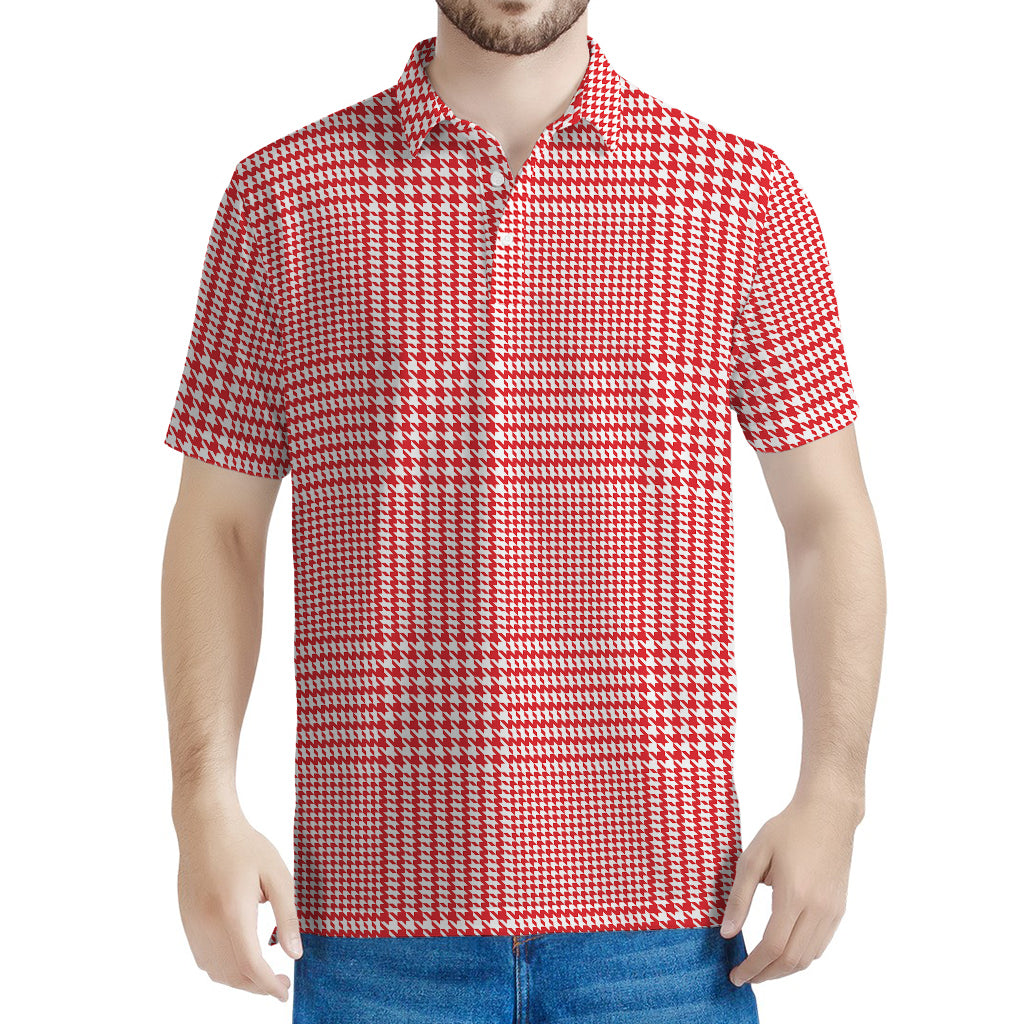 Red And White Glen Plaid Print Men's Polo Shirt