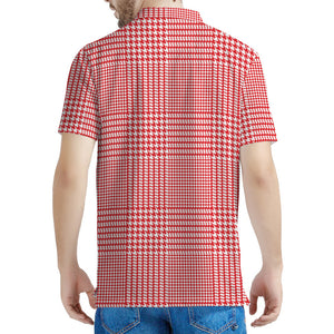 Red And White Glen Plaid Print Men's Polo Shirt