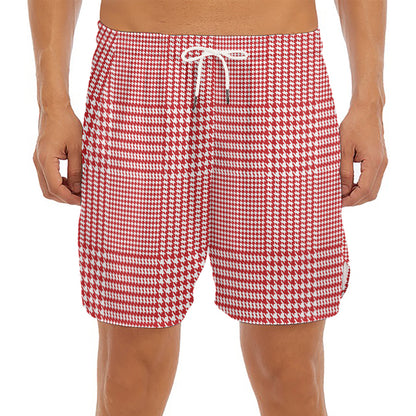 Red And White Glen Plaid Print Men's Split Running Shorts