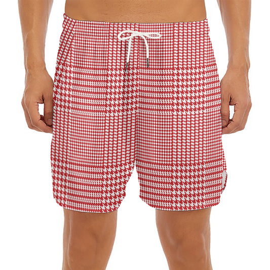 Red And White Glen Plaid Print Men's Split Running Shorts