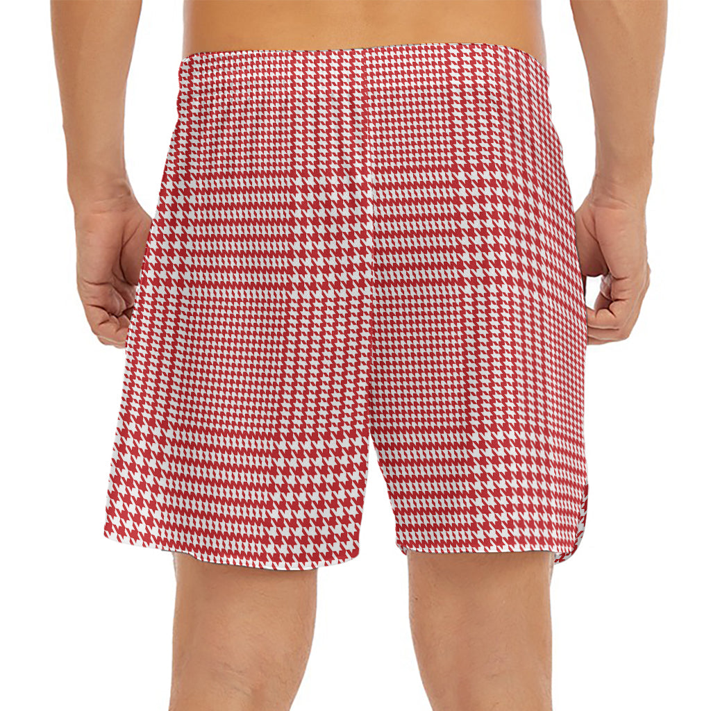 Red And White Glen Plaid Print Men's Split Running Shorts