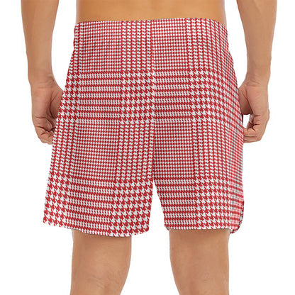 Red And White Glen Plaid Print Men's Split Running Shorts