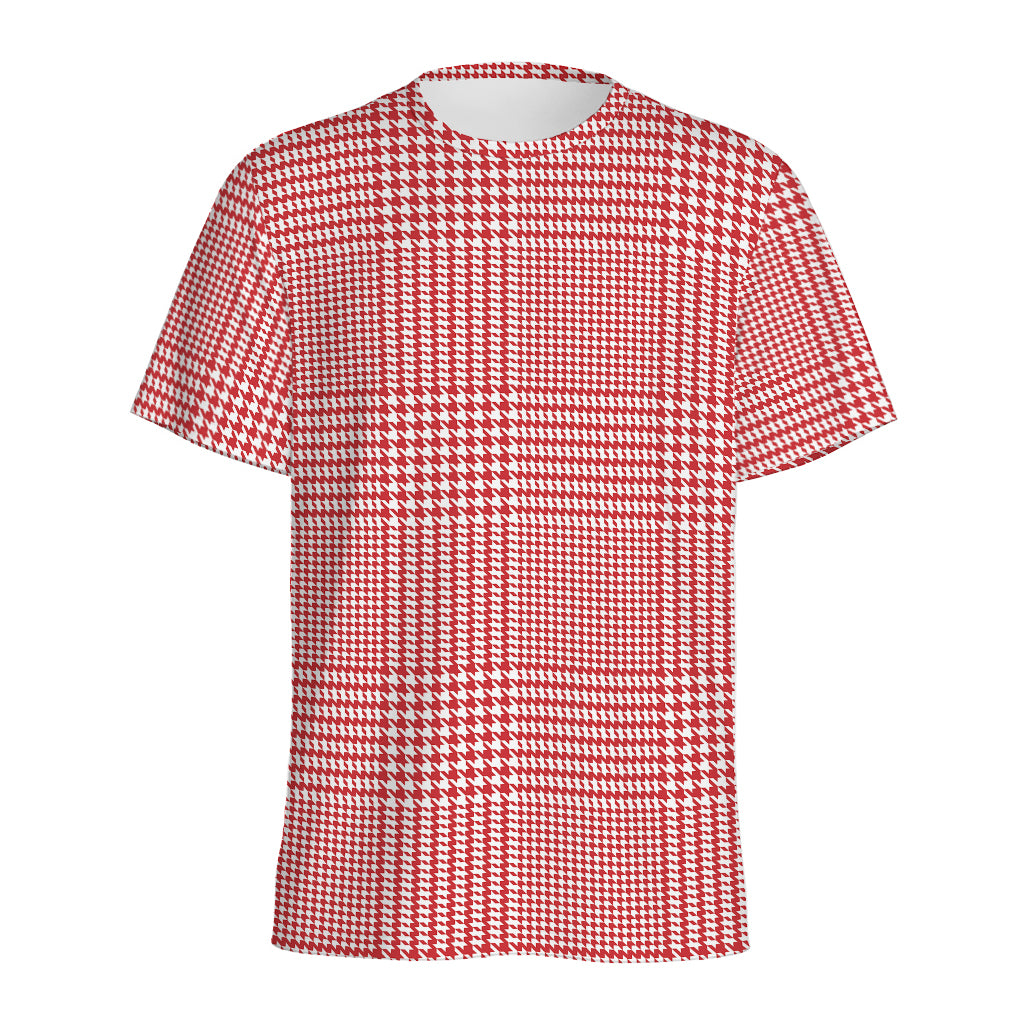 Red And White Glen Plaid Print Men's Sports T-Shirt